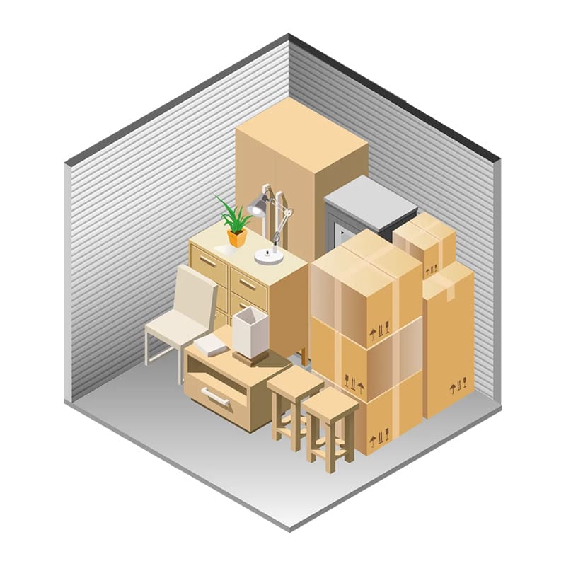 Here's an alt tag for the image: Storage unit filled with furniture and boxes.