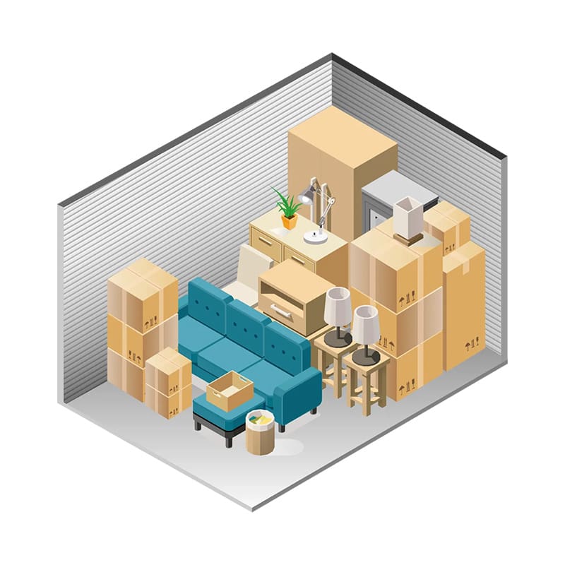 Here's an alt tag for the image: Storage unit packed with furniture and boxes.